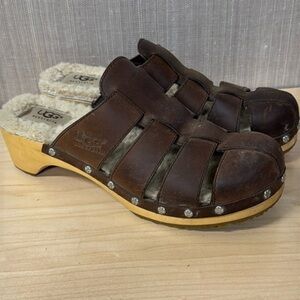 UGG Brown Leather Mules with Shearling Lining